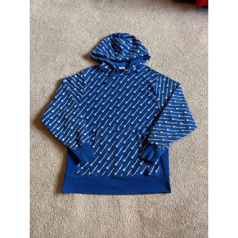 Champion Blue Logo Reverse Weave Unisex Hoodie Size Large